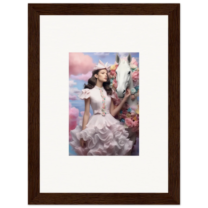 Framed photograph of a woman in an elaborate white dress surrounded by flowers and clouds.