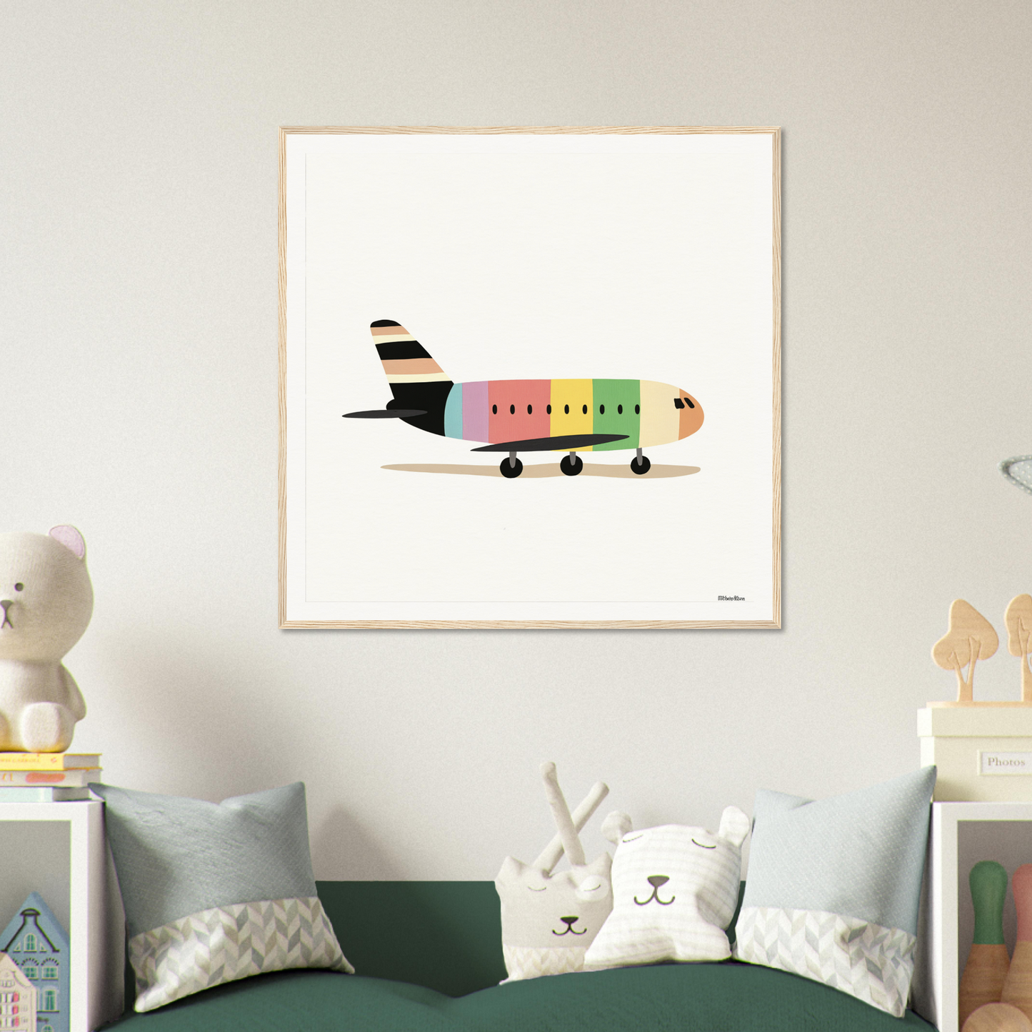 Colorful cartoon airplane with rainbow stripes from Pastel Piloting Dreamscape