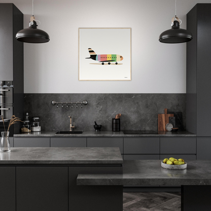 Modern dark kitchen featuring colorful Pastel Piloting Dreamscape artwork on the wall