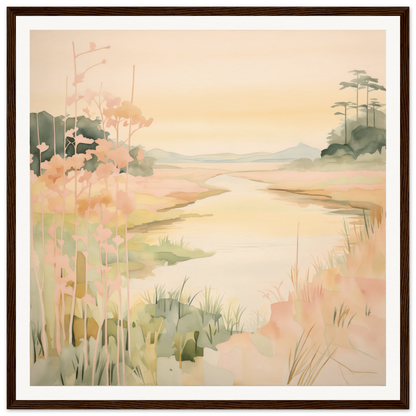 Watercolor landscape painting of a misty coastal marsh in Pastel Reverie’s Embrace framed canvas