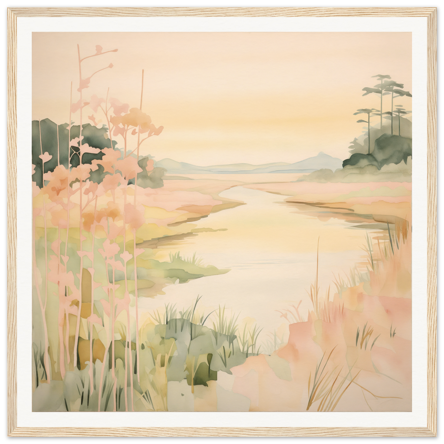 Watercolor painting of a misty coastal marsh in Pastel Reverie’s Embrace framed canvas