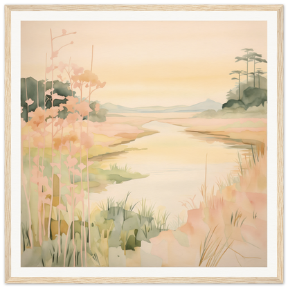 Watercolor painting of a misty coastal marsh in Pastel Reverie’s Embrace framed canvas