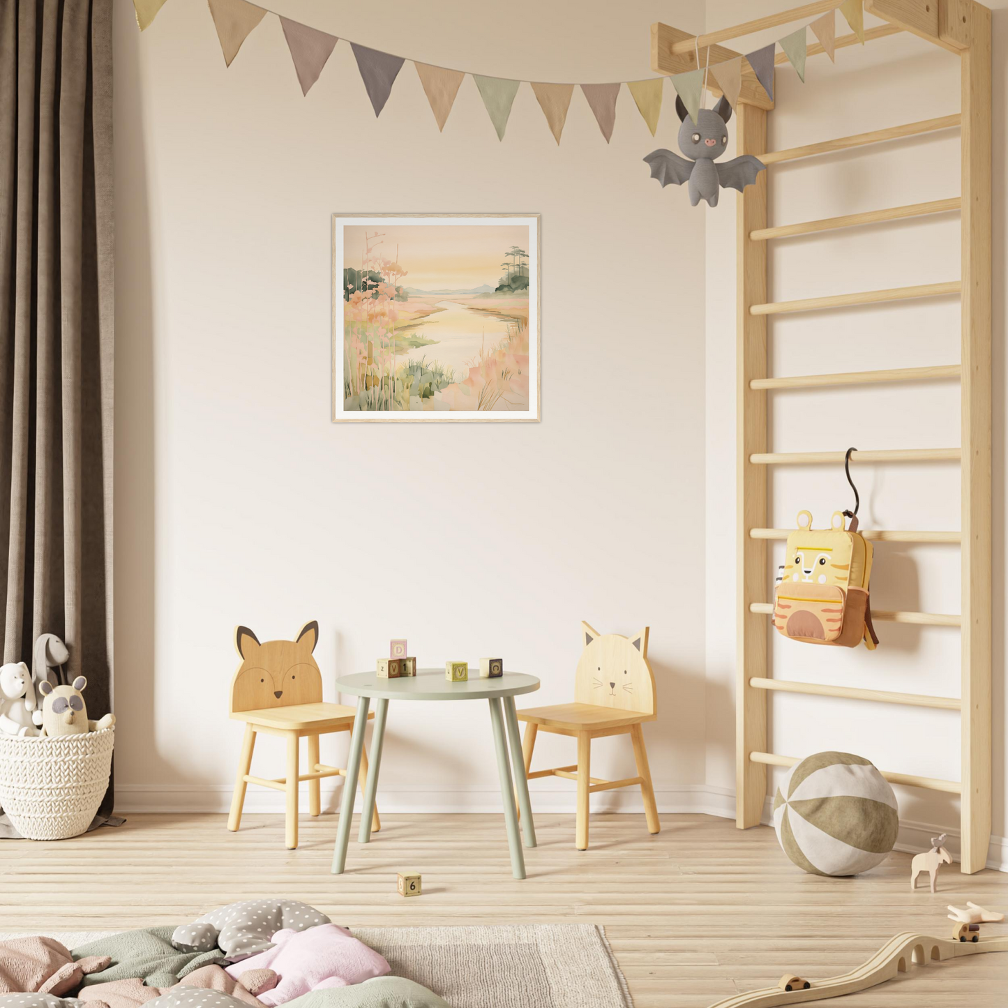 Children’s play area featuring animal-themed chairs and mint green table from Reverie’s Embrace