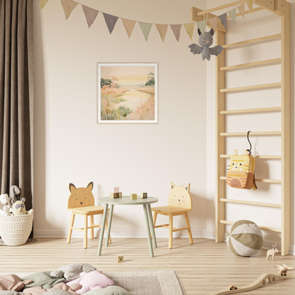 Children’s play area featuring animal-themed chairs and mint green table from Reverie’s Embrace