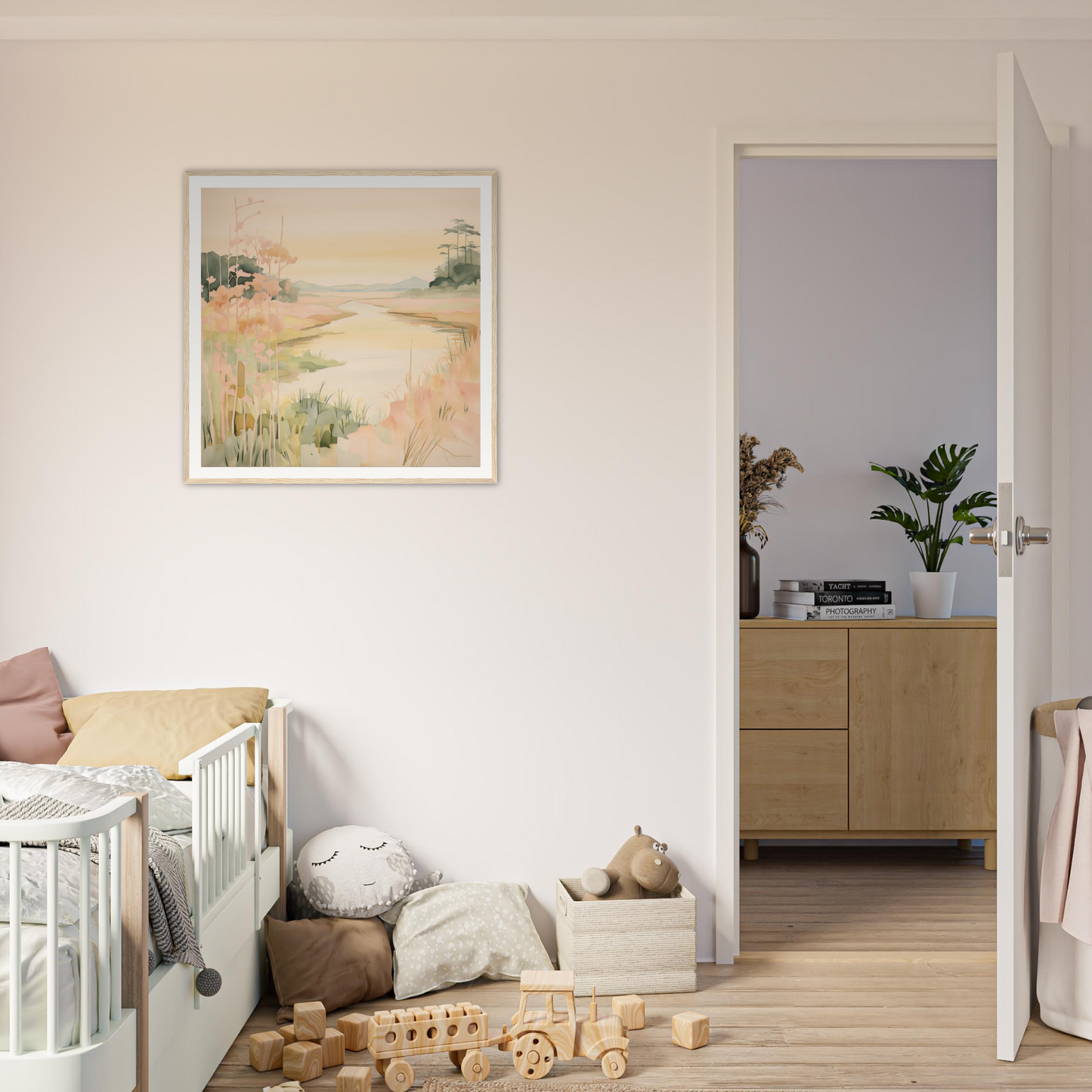 White wooden crib with curved railings from Pastel Reverie’s Embrace special edition art™