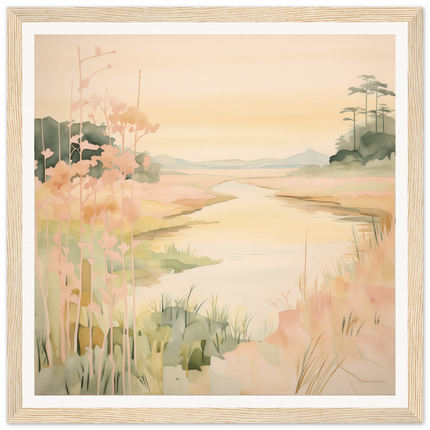 Watercolor painting of a misty coastal marsh in Pastel Reverie’s Embrace framed canvas