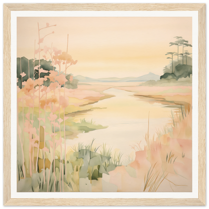 Watercolor painting of a misty coastal marsh in Pastel Reverie’s Embrace framed canvas