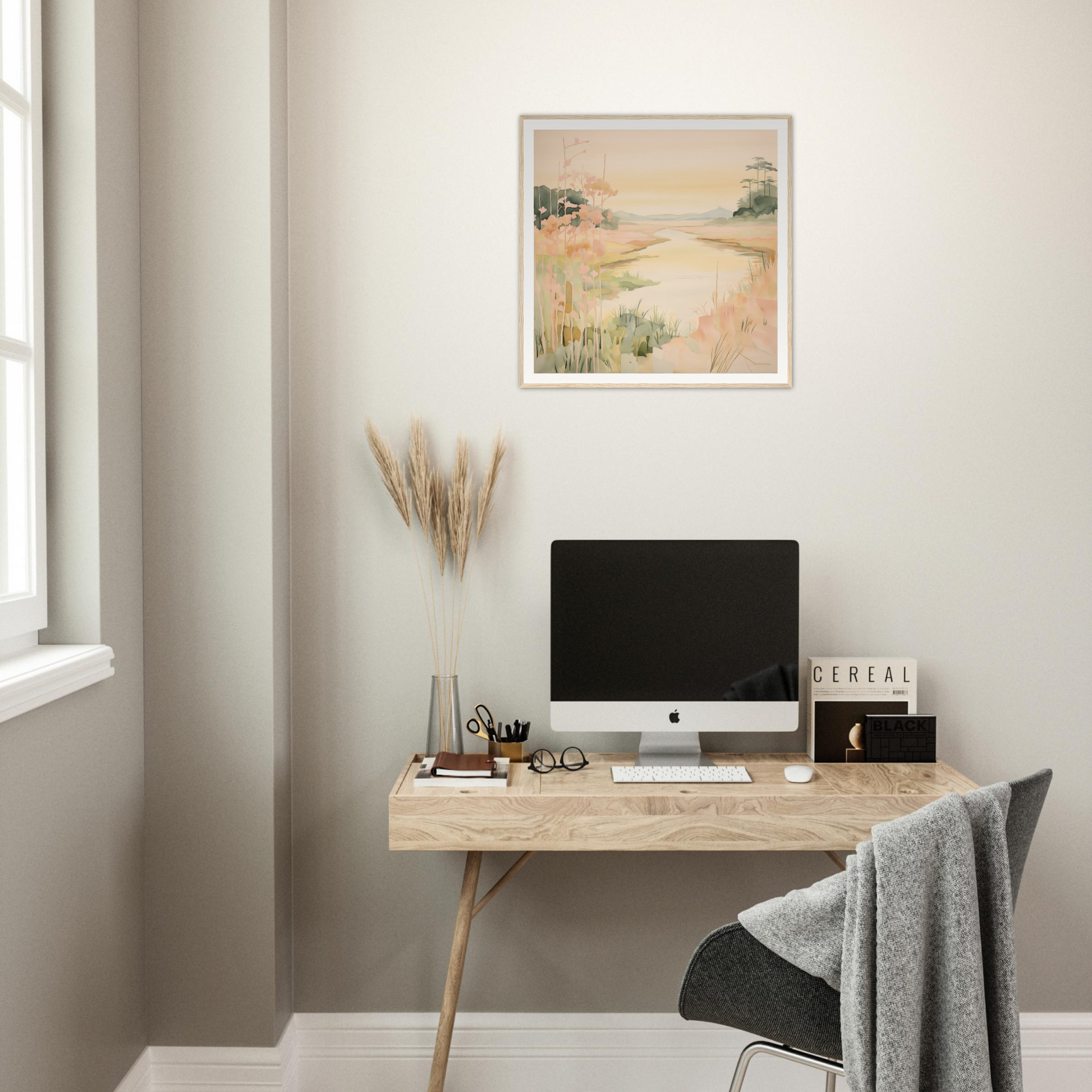 Minimalist wooden desk featuring an iMac and accessories from Pastel Reverie’s Embrace