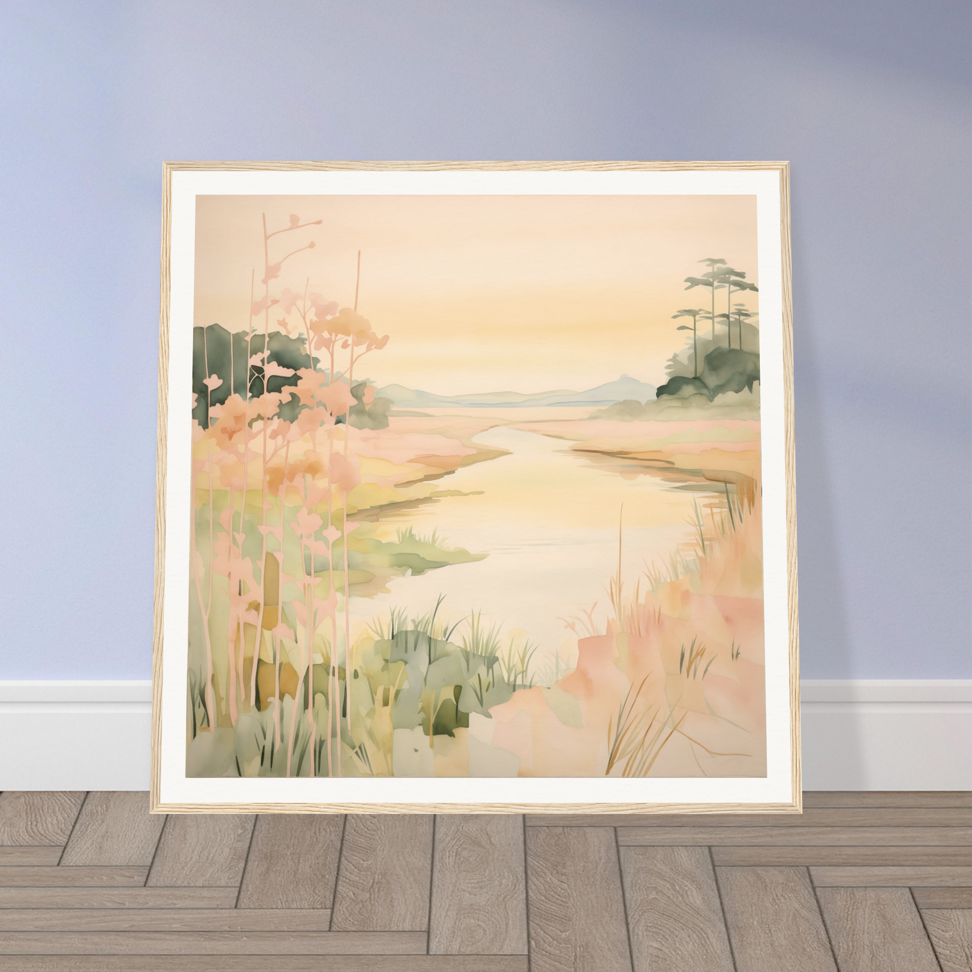 Framed canvas of Pastel Reverie’s Embrace depicting a tranquil coastal marsh scene