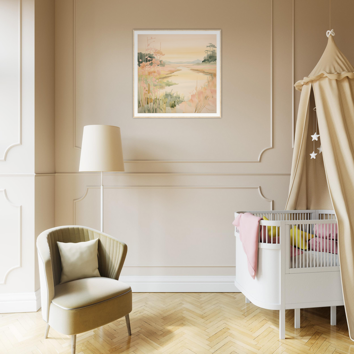 Modern white crib with beige canopy in Pastel Reverie’s Embrace special edition art™