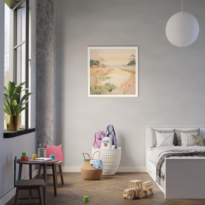 Modern bedroom featuring minimalist gray and white decor in Reverie’s Embrace special edition art™