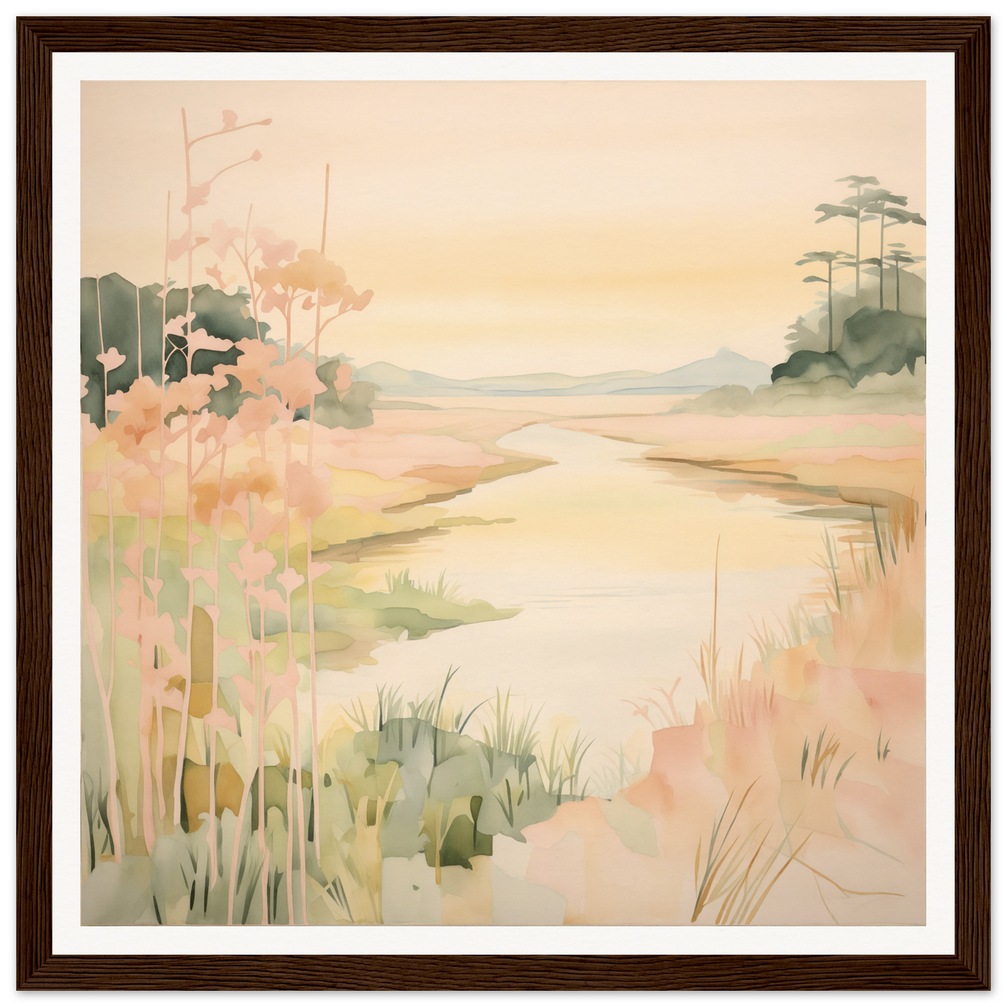 Watercolor landscape painting of a misty coastal marsh featured in Pastel Reverie’s Embrace framed canvas