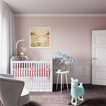 White wooden crib with pink bedding in Pastel Reverie’s Embrace special edition art™