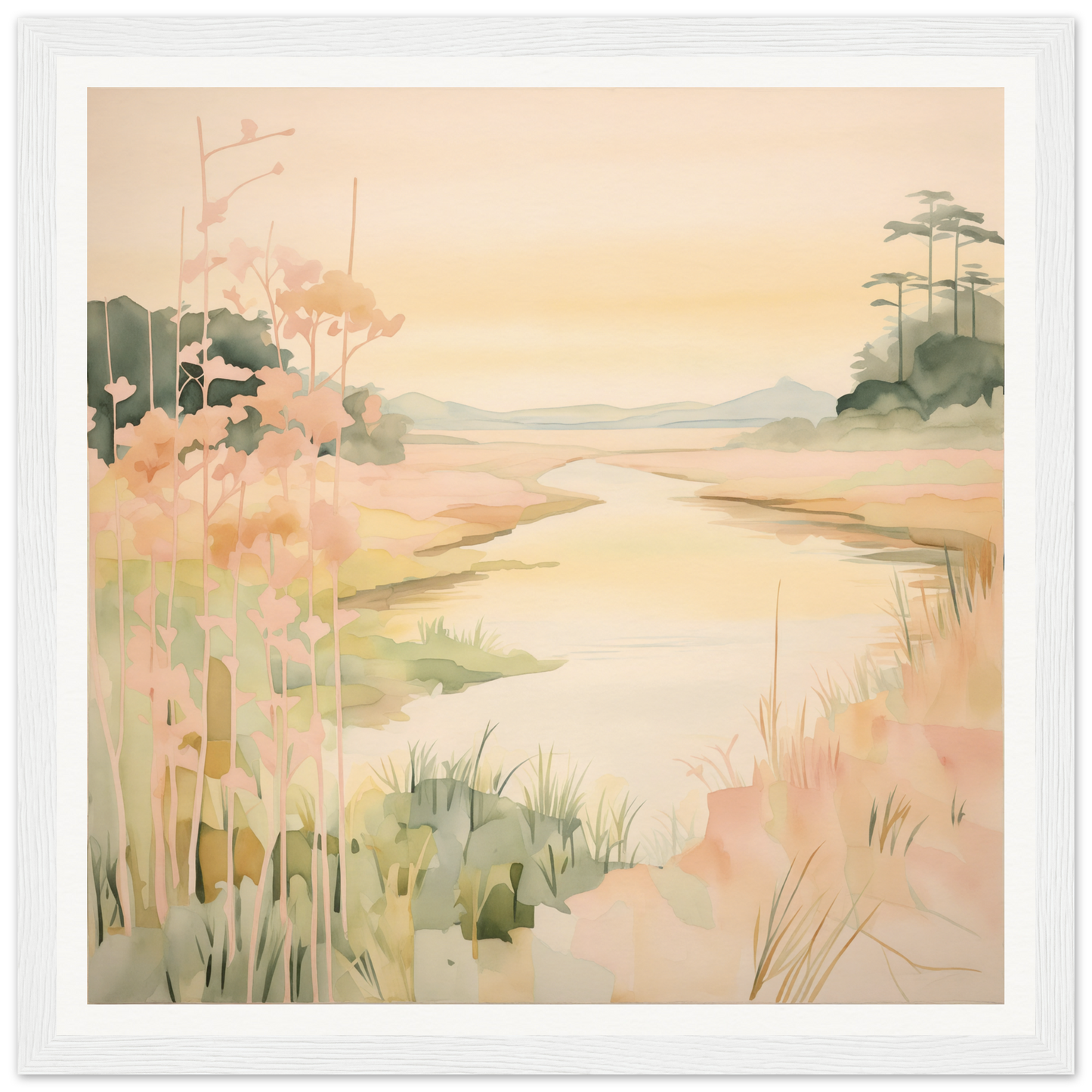 Watercolor landscape of a misty coastal marsh from the Pastel Reverie’s Embrace collection