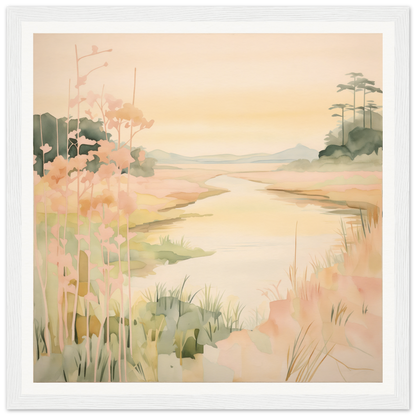 Watercolor landscape of a misty coastal marsh from the Pastel Reverie’s Embrace collection