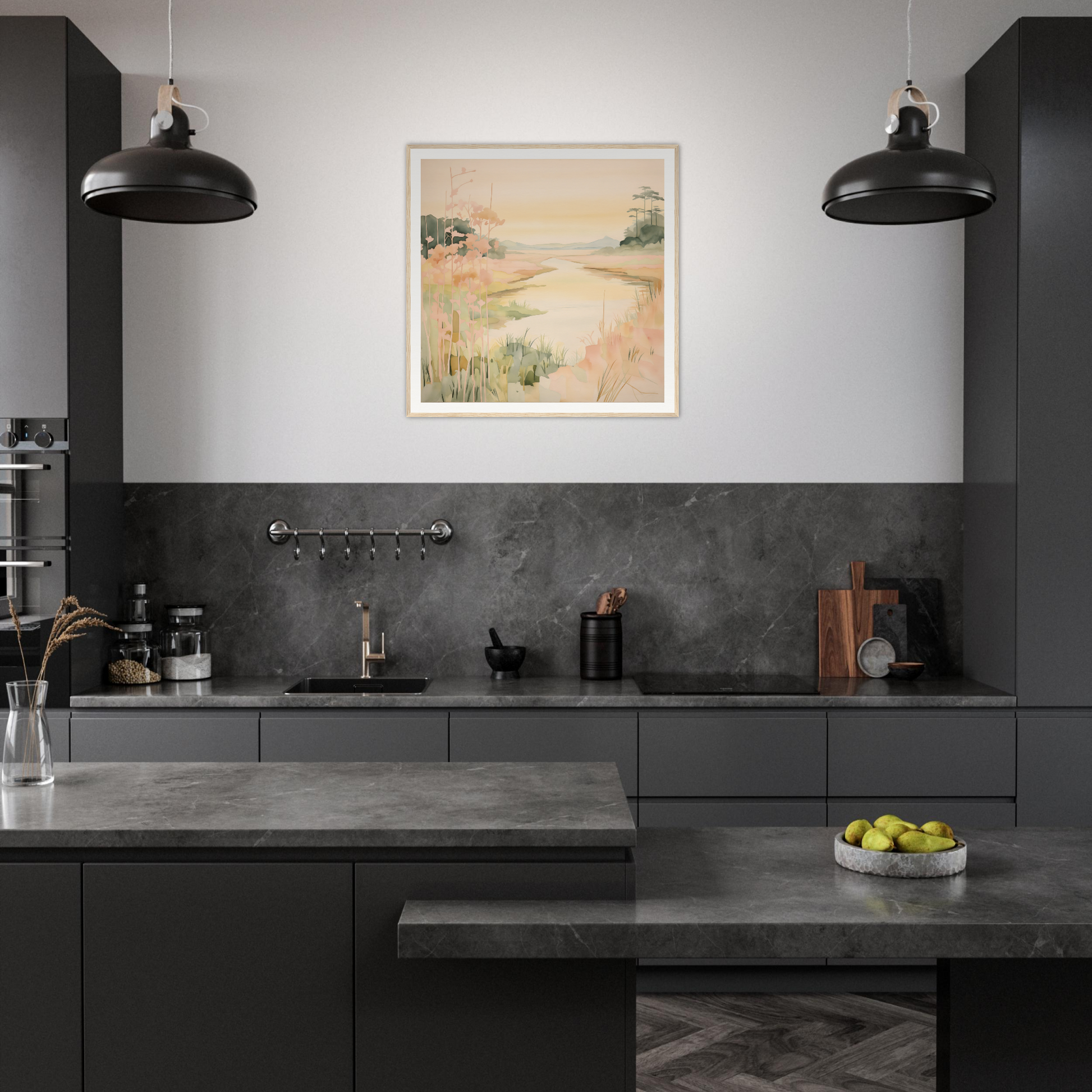 Modern dark kitchen featuring matte black cabinets and industrial pendant lights, Reverie’s Embrace