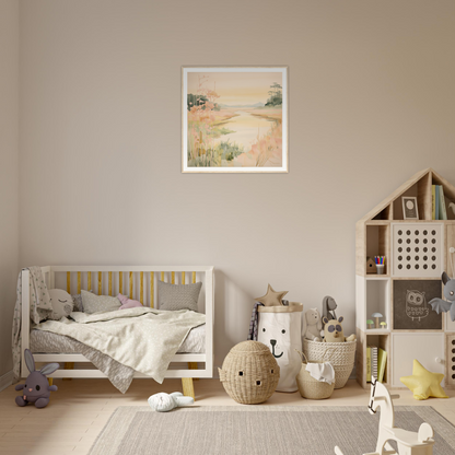 Wooden crib with gray bedding and yellow rails from Pastel Reverie’s Embrace collection