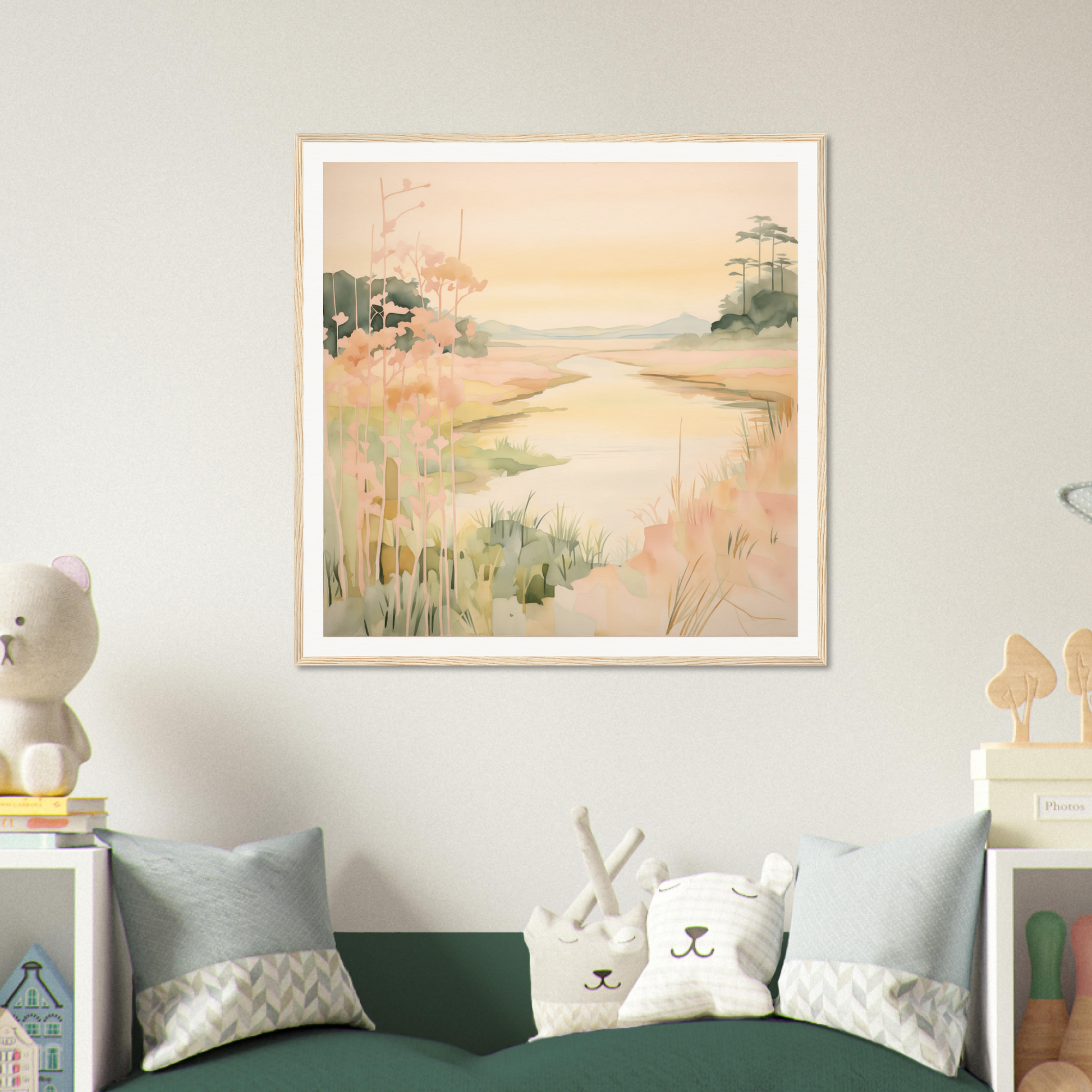 Framed canvas of Pastel Reverie’s Embrace in soft coastal marsh colors