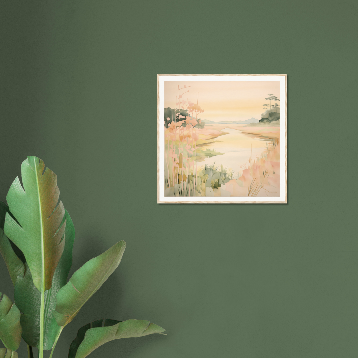 Framed canvas of Pastel Reverie’s Embrace featuring a serene river landscape