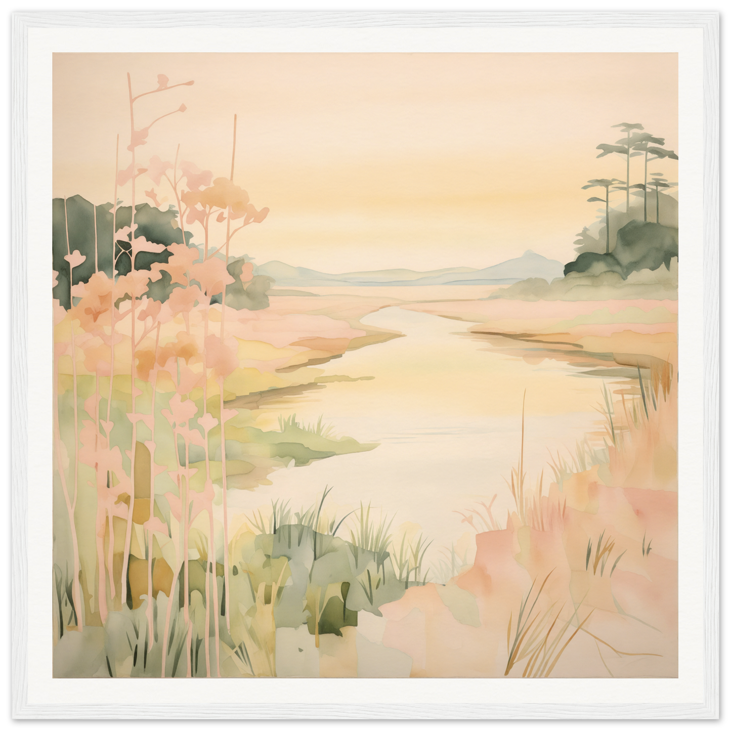 Soft watercolor landscape of a coastal marsh in Pastel Reverie’s Embrace framed canvas