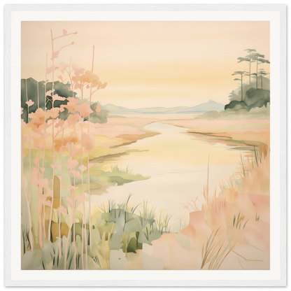 Soft watercolor landscape of a coastal marsh in Pastel Reverie’s Embrace framed canvas