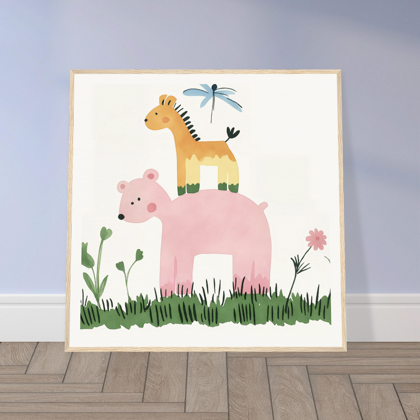 Framed Pastel Safari Flux print of a pink bear with giraffe and dragonfly