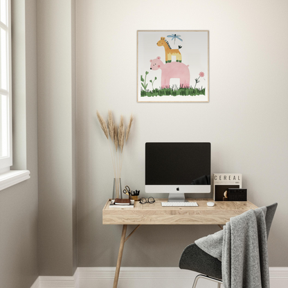 Wooden desk featuring an iMac computer and decorative artwork in Pastel Safari Flux design