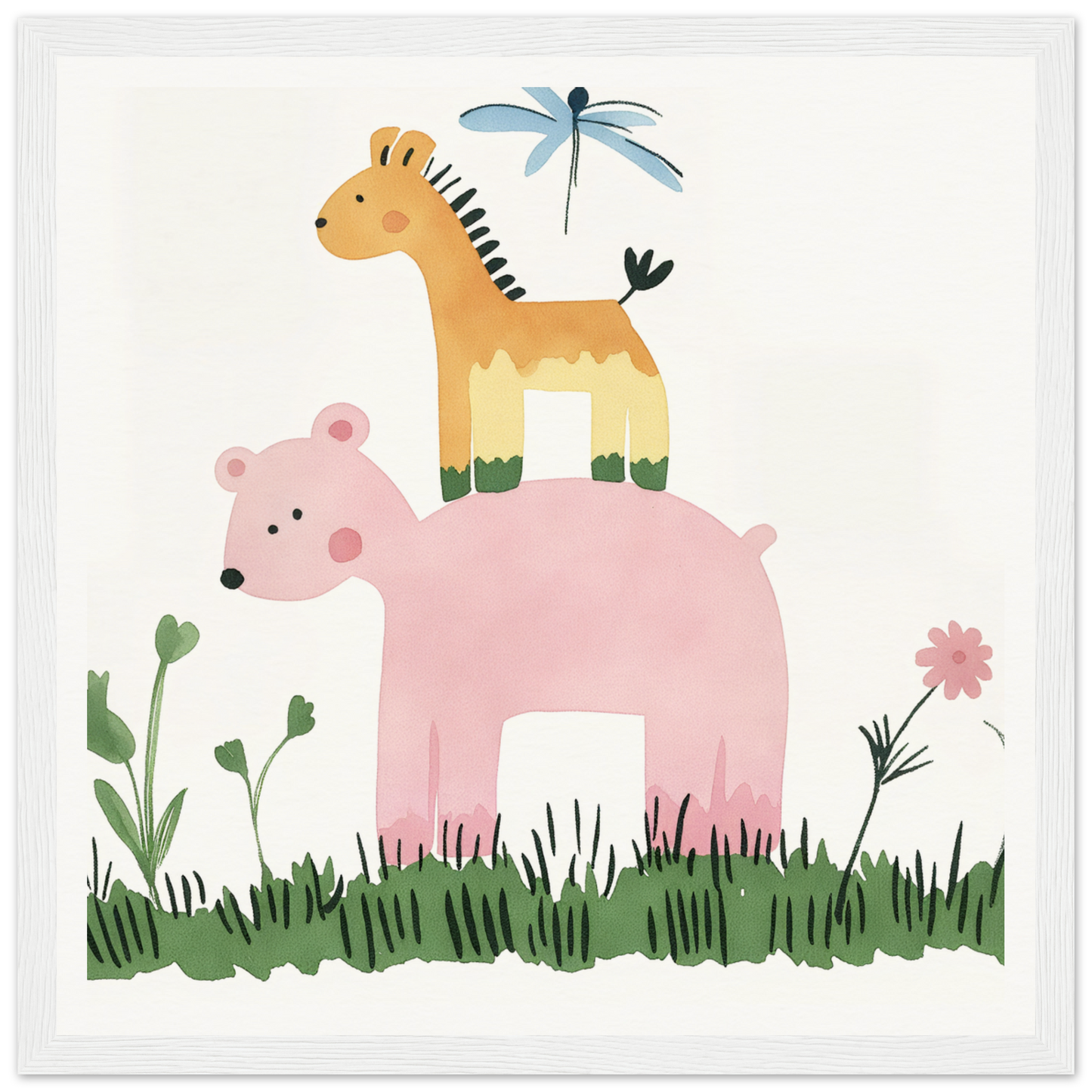 Pink bear with yellow giraffe and blue dragonfly in Pastel Safari Flux design