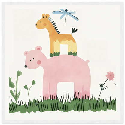 Pink bear with yellow giraffe and blue dragonfly in Pastel Safari Flux product