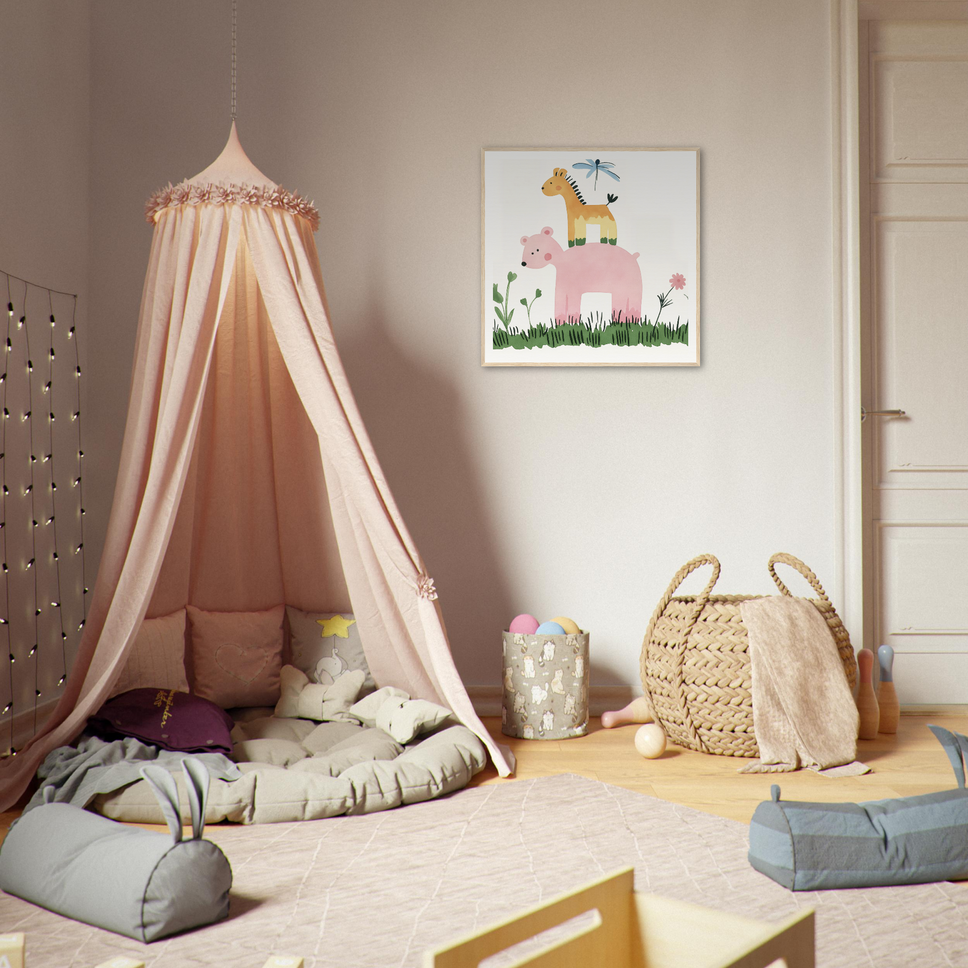 Cozy reading nook with pink canopy tent and draped fabric in Pastel Safari Flux