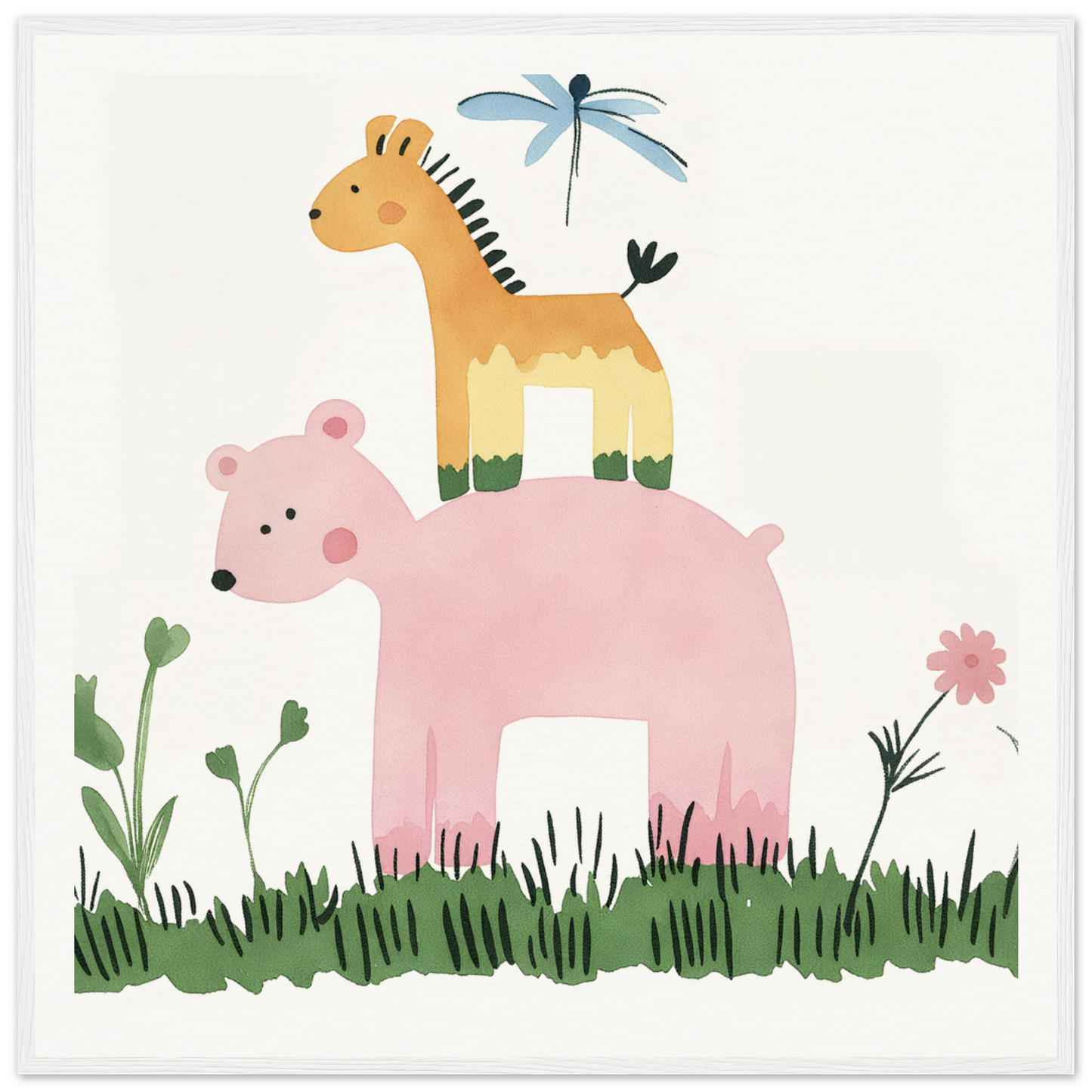 Pink bear with yellow giraffe and blue dragonfly on its back in Pastel Safari Flux