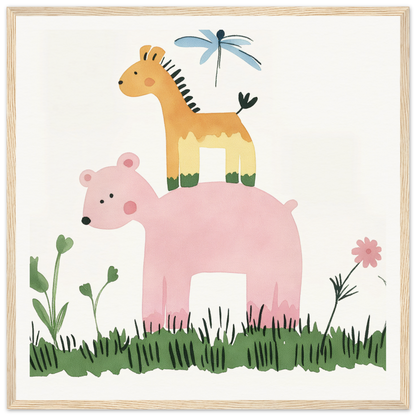 A pink bear and yellow giraffe with a dragonfly atop in Pastel Safari Flux