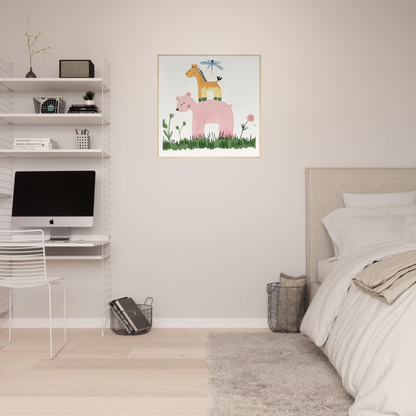 Whimsical nursery artwork of pink elephant and yellow giraffe in flowers for Pastel Safari Flux