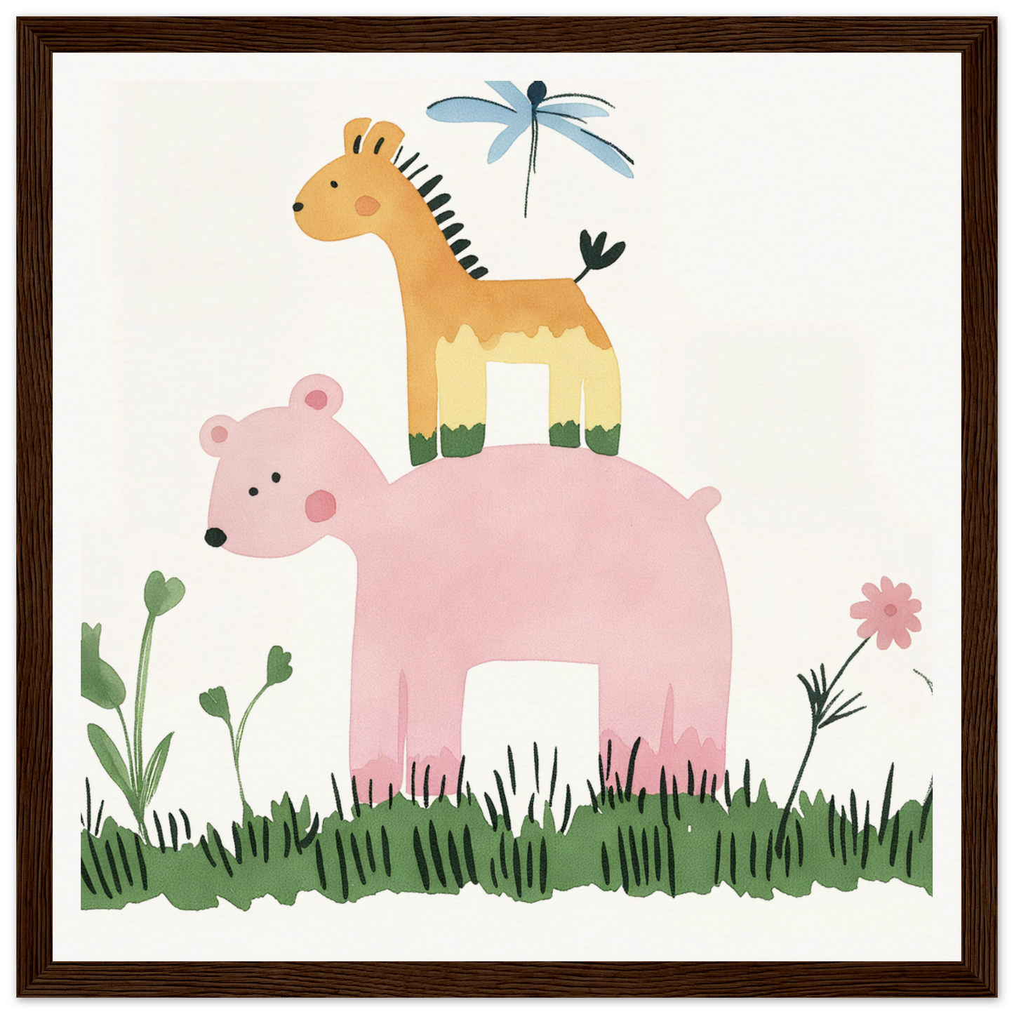 Pastel Safari Flux features a pink bear with a yellow giraffe and a blue dragonfly