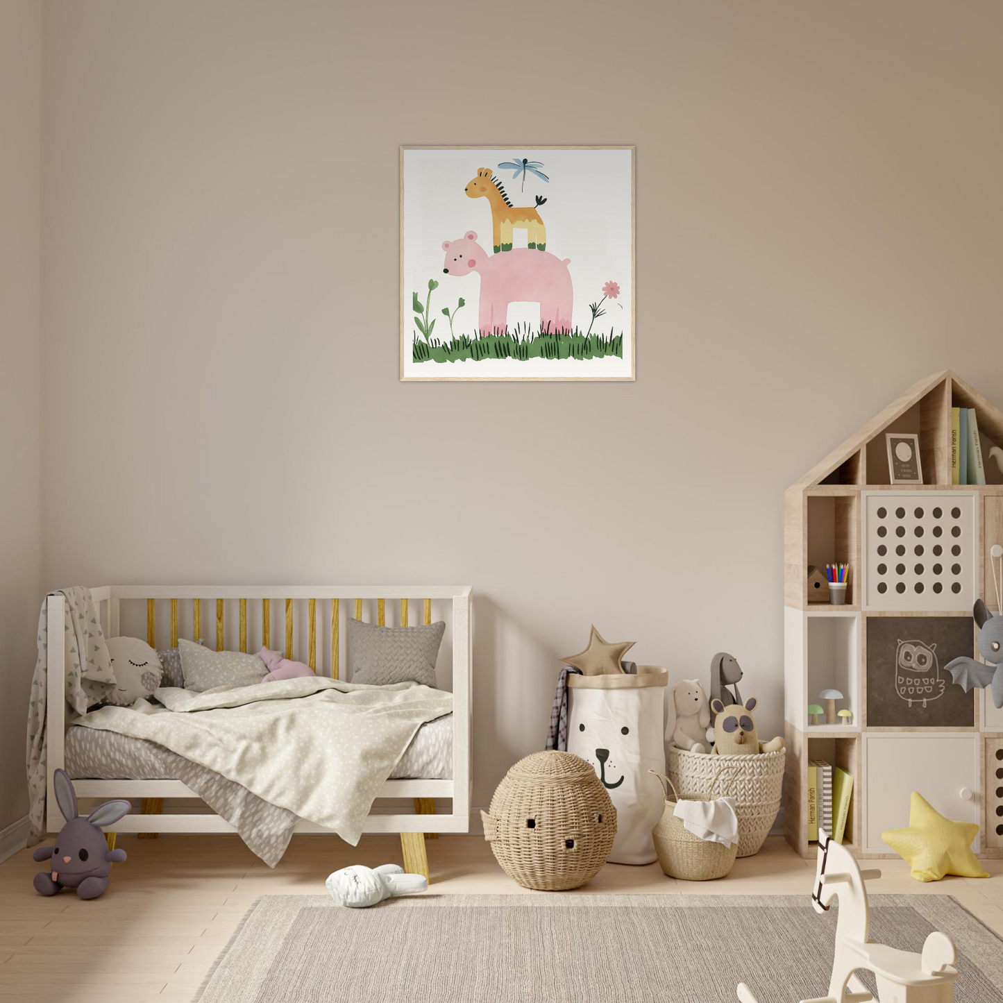 Wooden crib with gray bedding and yellow accents in Pastel Safari Flux collection