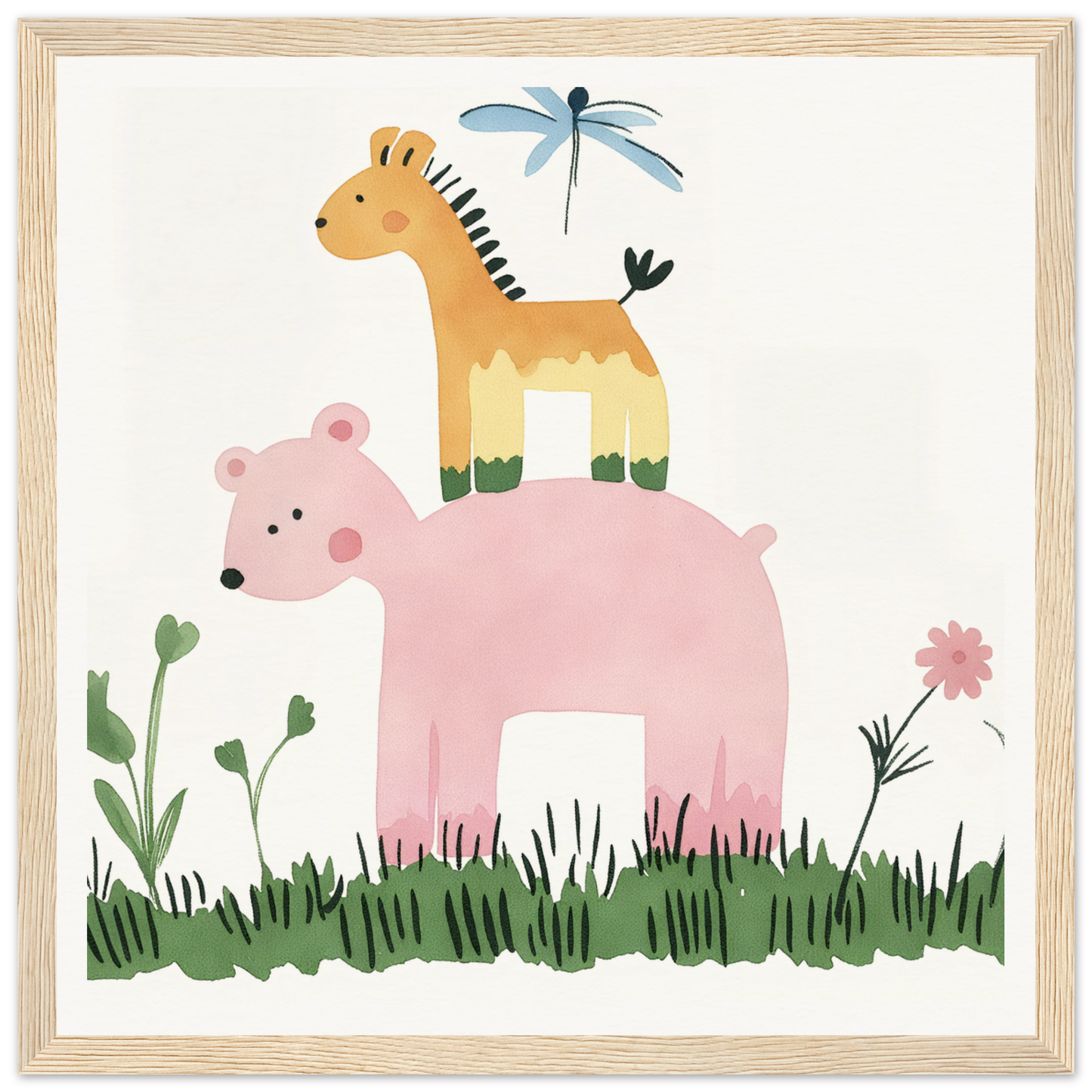 Pink bear with yellow giraffe and blue dragonfly on its back in Pastel Safari Flux