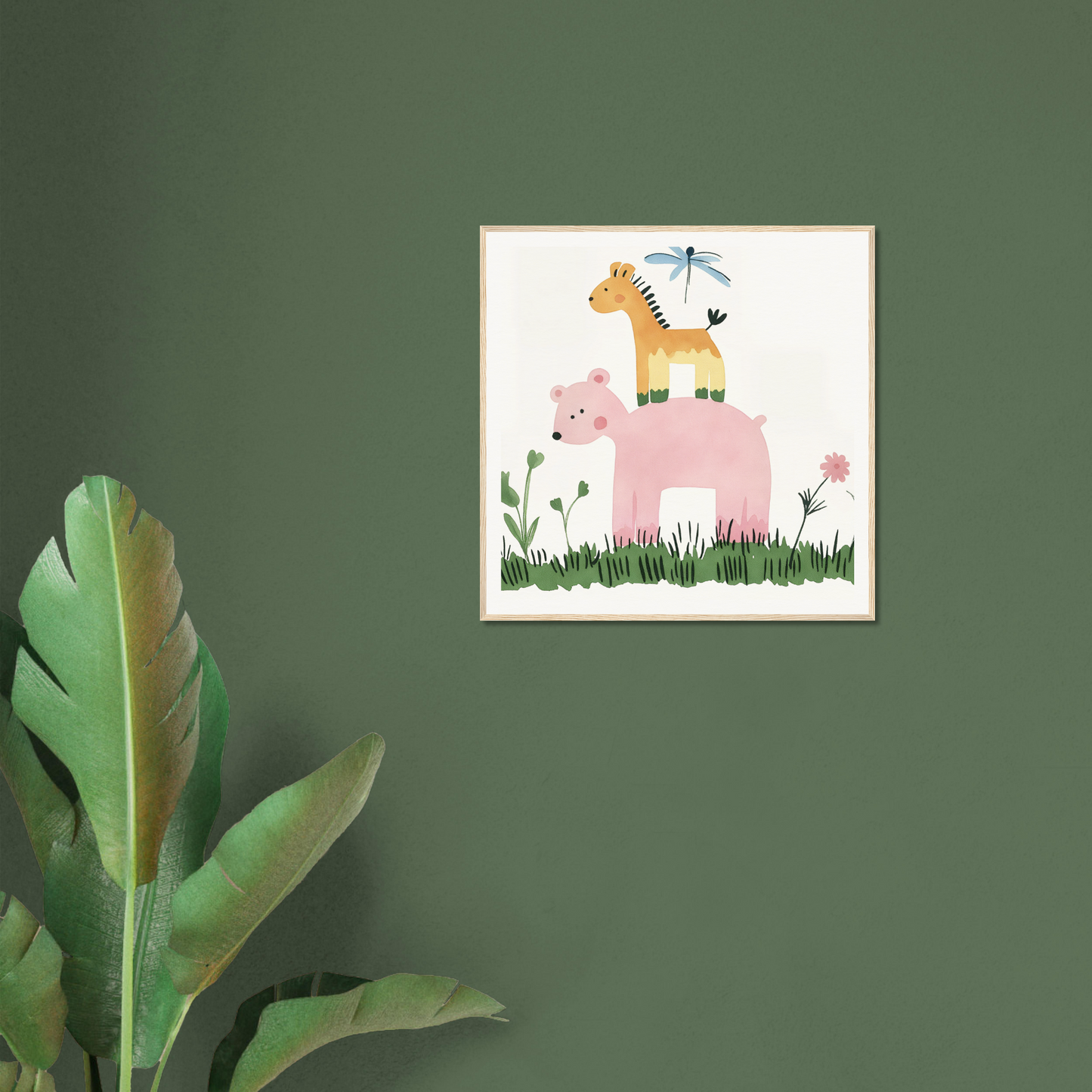 Framed artwork of a pink elephant and yellow giraffe in a pastel safari scene