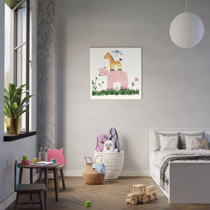 Children’s bedroom featuring whimsical Pastel Safari Flux artwork and soft decor elements