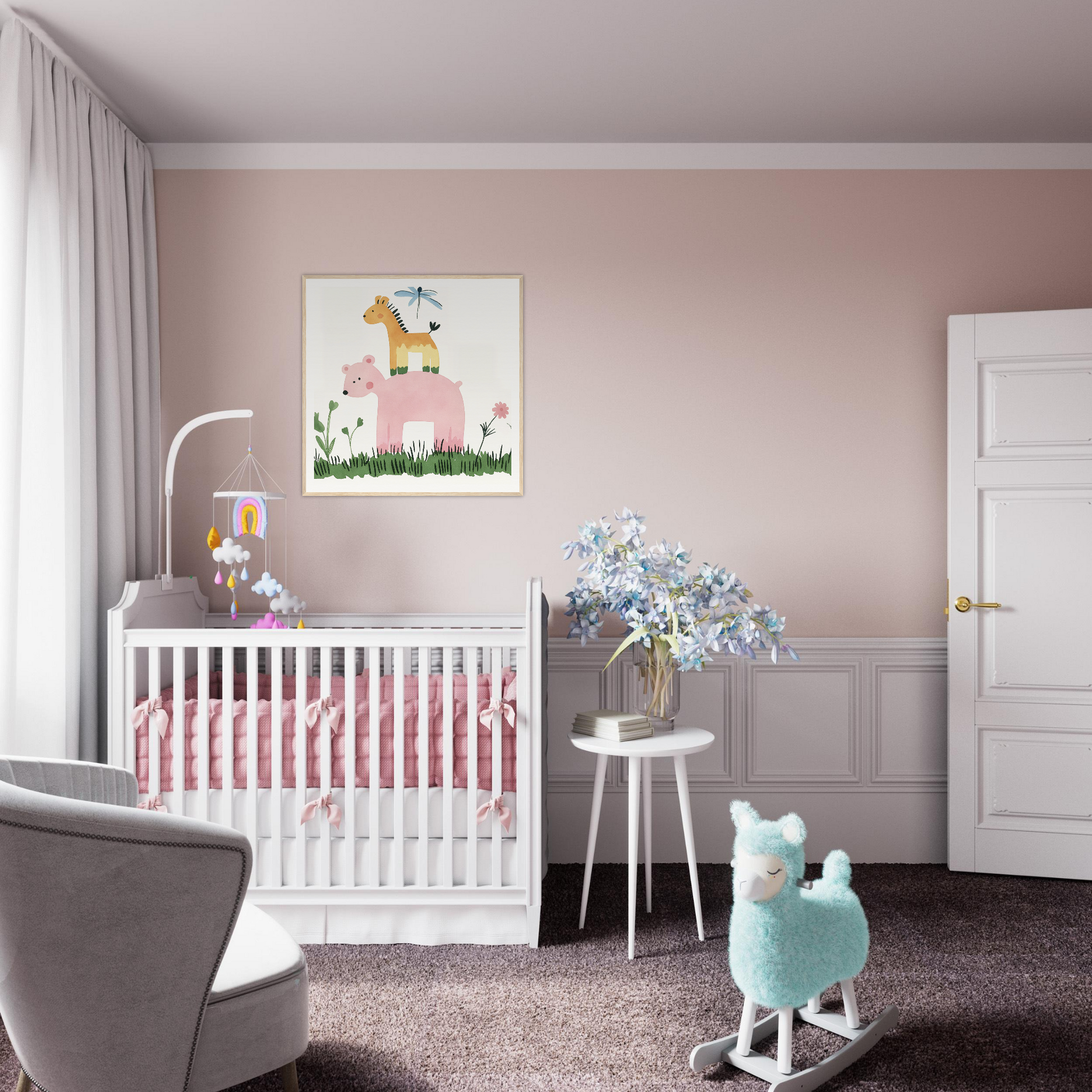 White wooden crib with pink bedding from Pastel Safari Flux collection