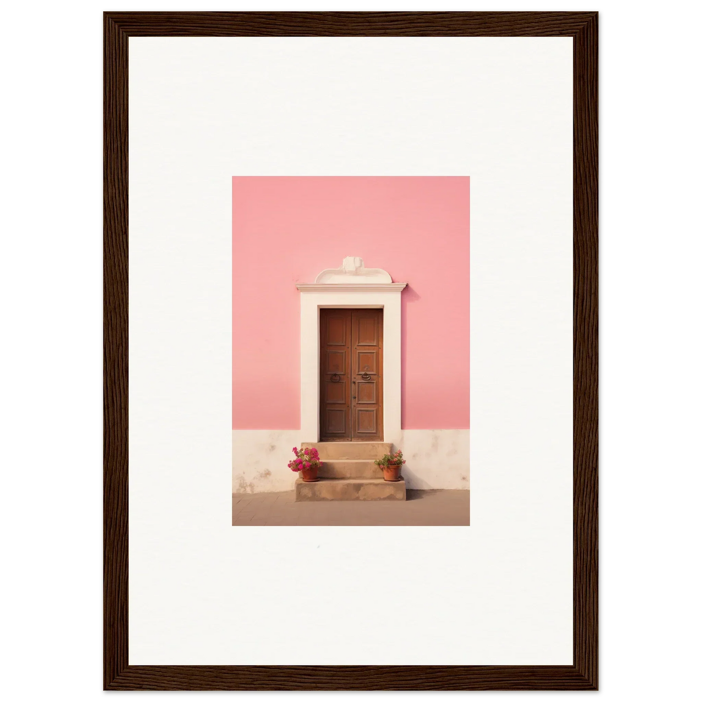 Wooden door art in Pastiche Portal Epiphany with a pink wall and decorative frame