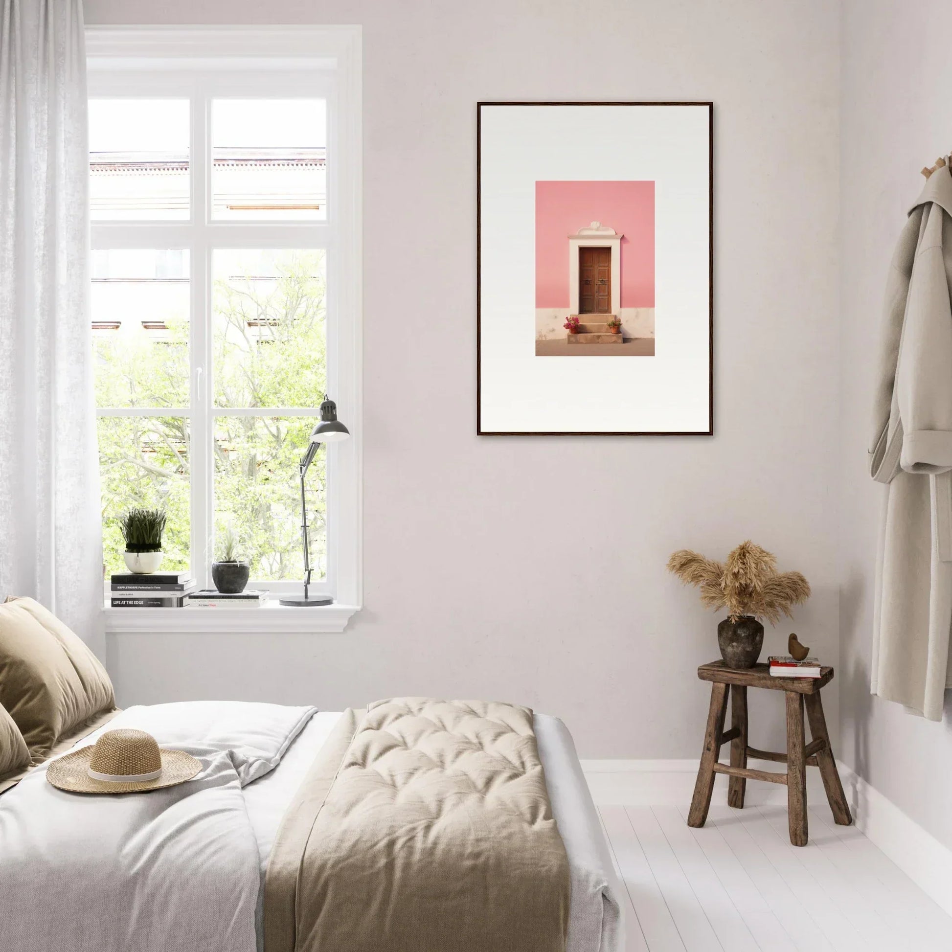 Minimalist bedroom featuring Pastiche Portal Epiphany framed wall art in neutral tones