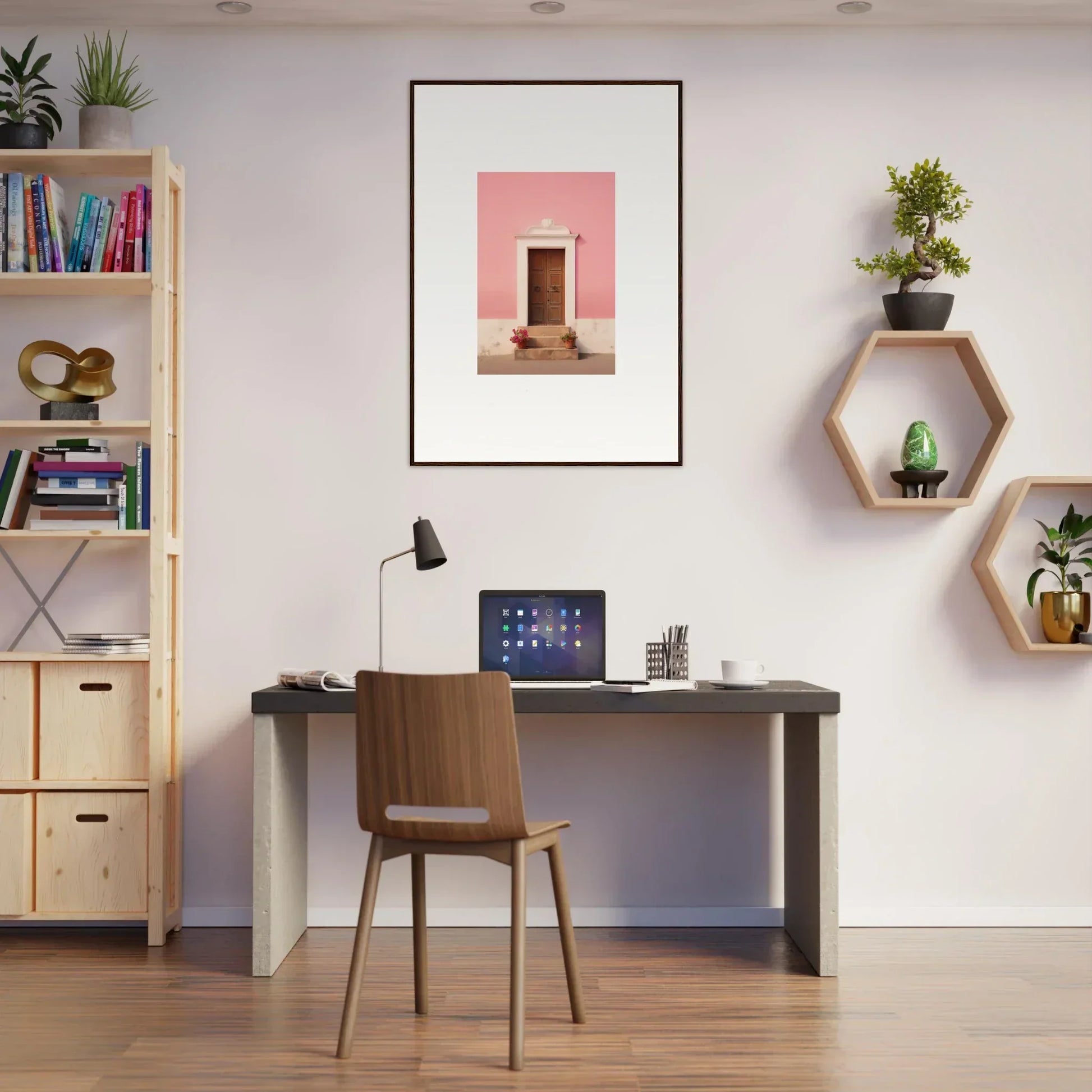 Modern home office with dark desk, wooden chair, and Pastiche Portal Epiphany art