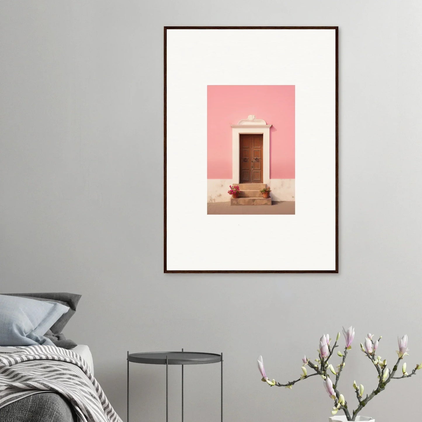 Wooden door on pink wall with stone steps in Pastiche Portal Epiphany framed wall art