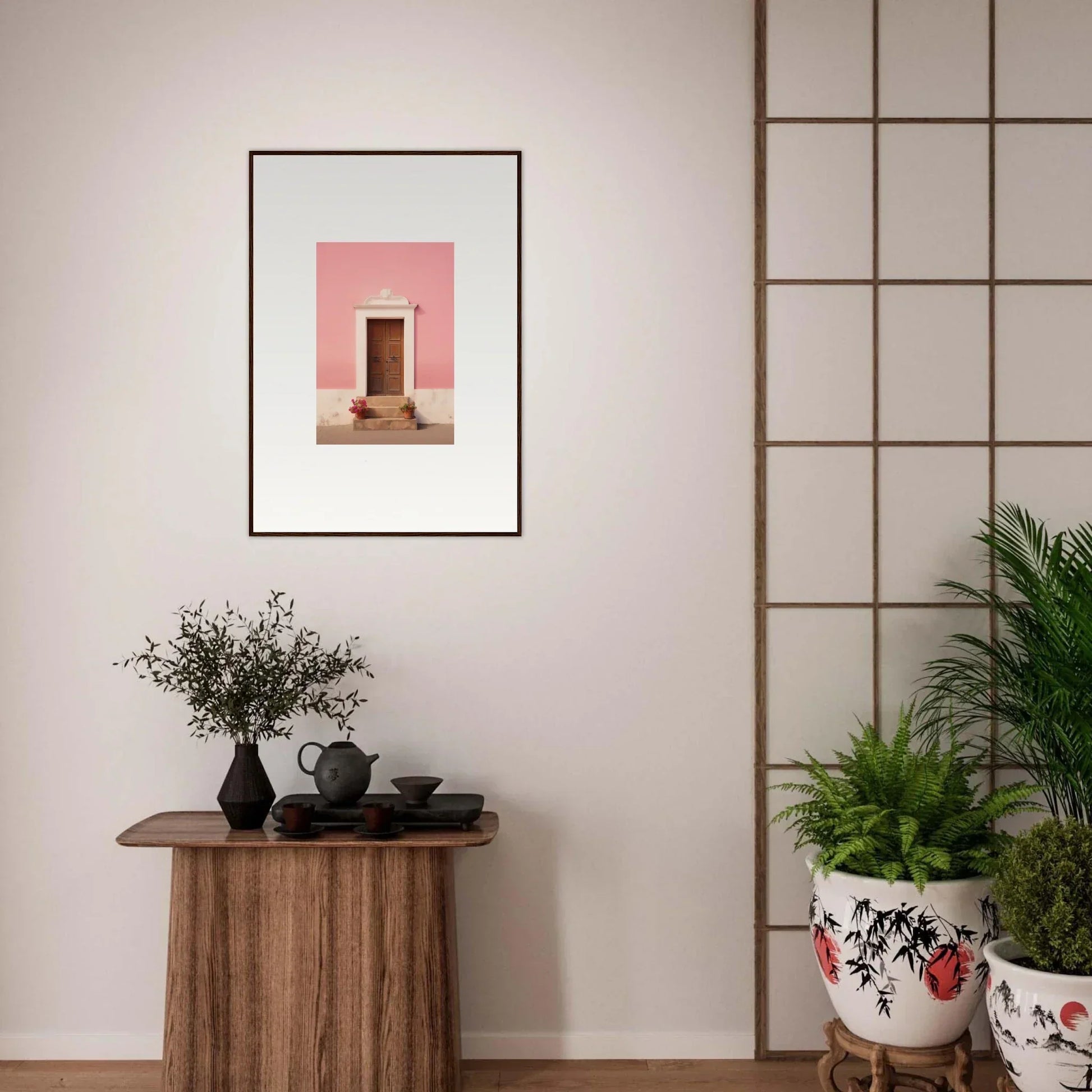 Framed wall art of a pink wall with a wooden door from Pastiche Portal Epiphany