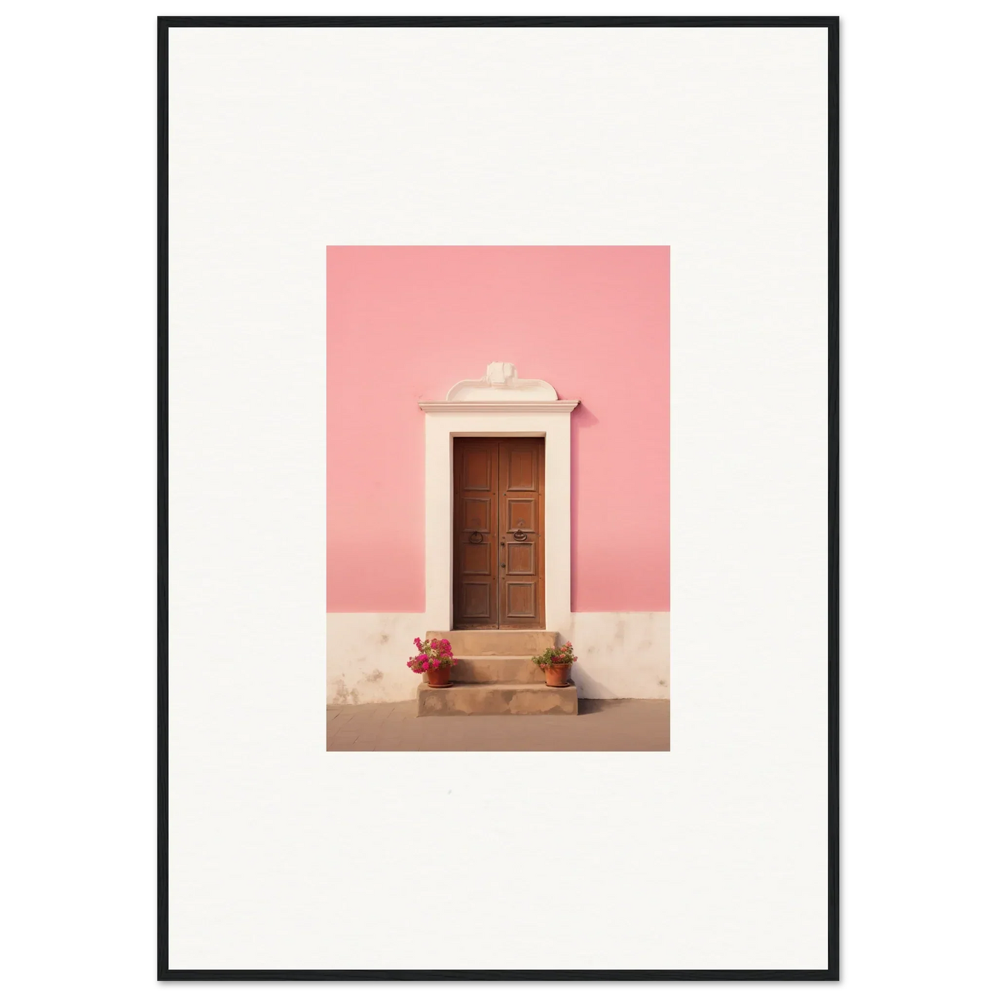 Wooden door with decorative panels on a pink wall, framed wall art for Pastiche Portal Epiphany