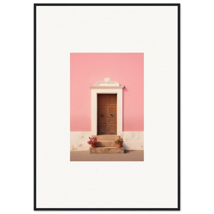 Wooden door with decorative panels on a pink wall, framed wall art for Pastiche Portal Epiphany