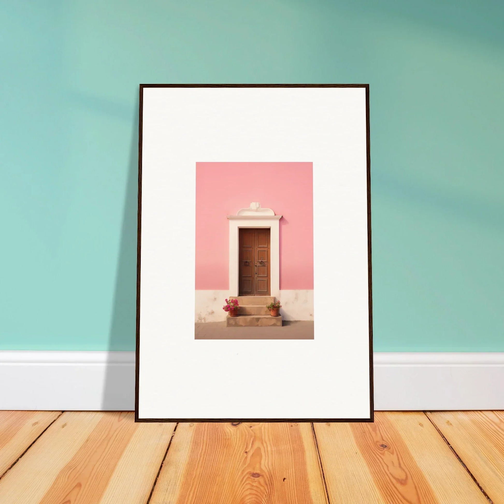 Framed wall art of a wooden door on a pink wall in the Pastiche Portal Epiphany