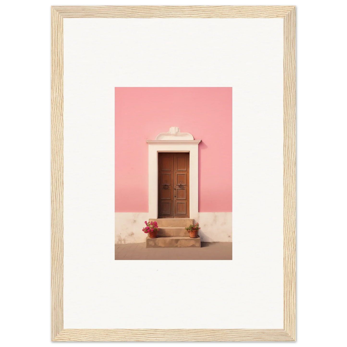 Wooden door with stone trim on pink wall, featured in Pastiche Portal Epiphany art