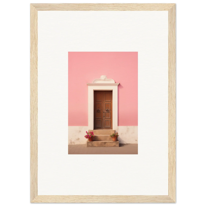 Wooden door with stone trim on pink wall, featured in Pastiche Portal Epiphany art