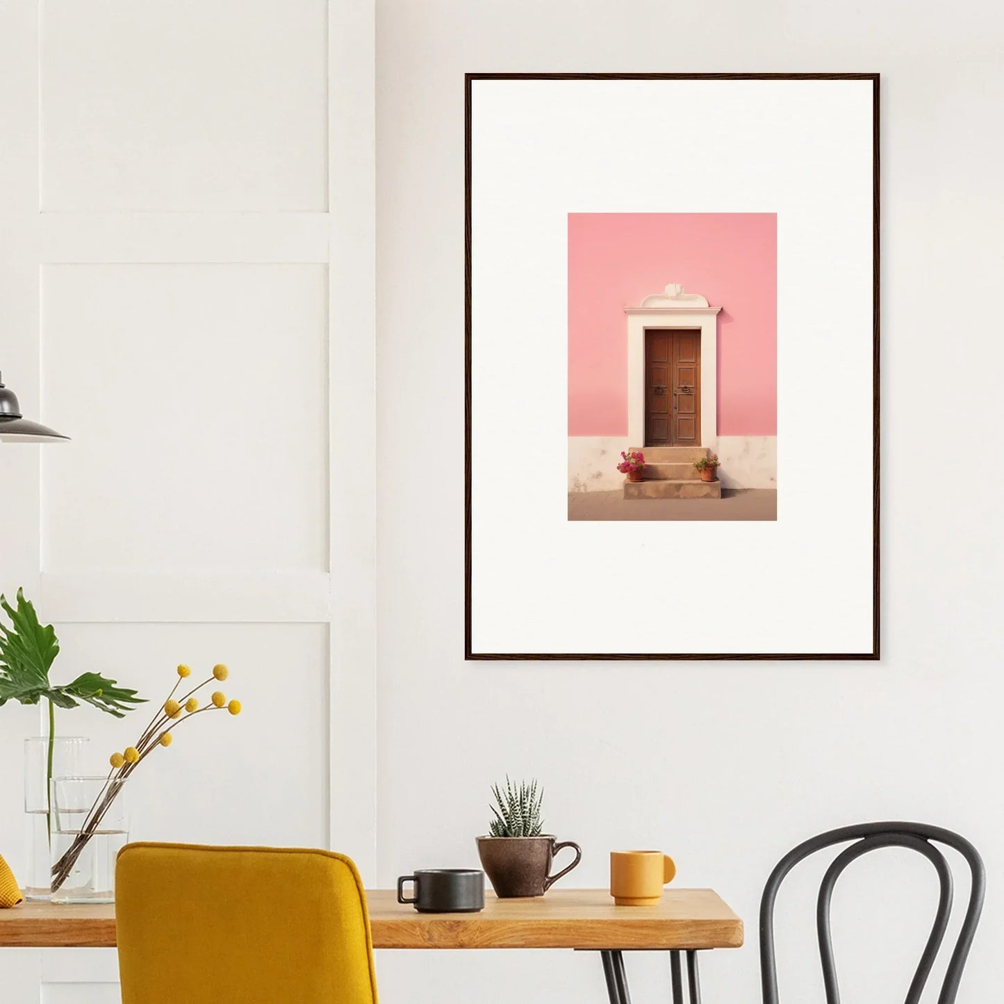 Framed wall art of a pink wall, wooden door, and potted plants for Pastiche Portal Epiphany